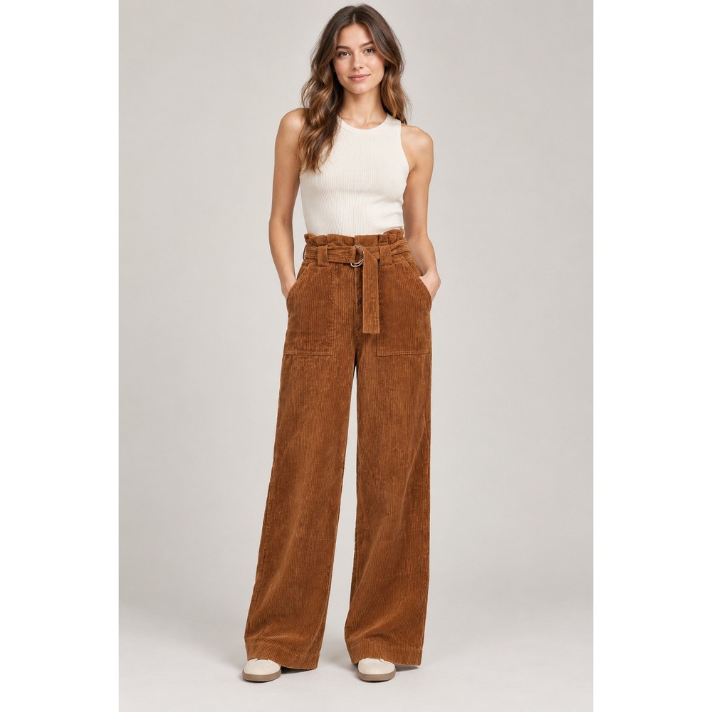 Forever 21 Brown Corduroy Wide Leg Paperbag Waist Belted Pants XS